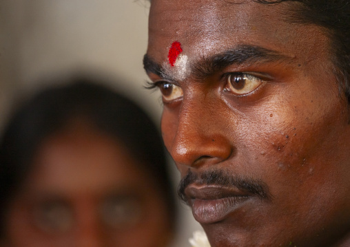 Groom with traditional dot on his forehead during his wedding, Tamil Nadu, Trichy, India