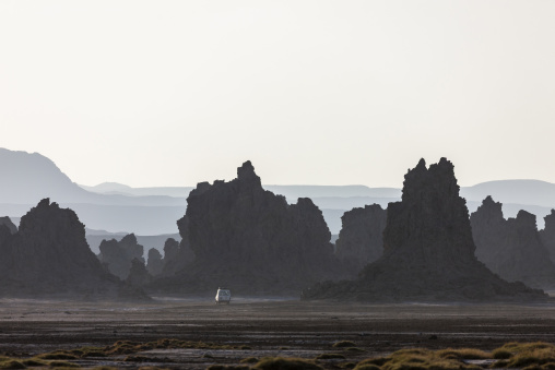 A four-wheel drive vehicle crosses the desert plain beneath towering limestone chimneys, Afar depression, Lake Abbe, Djibouti