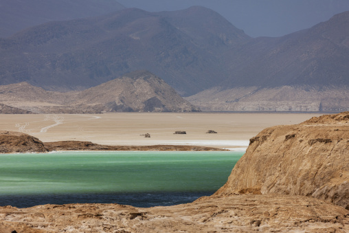 Tire tracks cross a vast salt flat beside the green waters of Lake Assal below distant mountains, Dikhil Region, Lake Assal, Djibouti