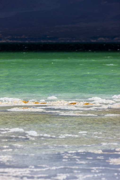 Salt crystals form white patches along the shoreline of Lake Assal, Dikhil Region, Lake Assal, Djibouti