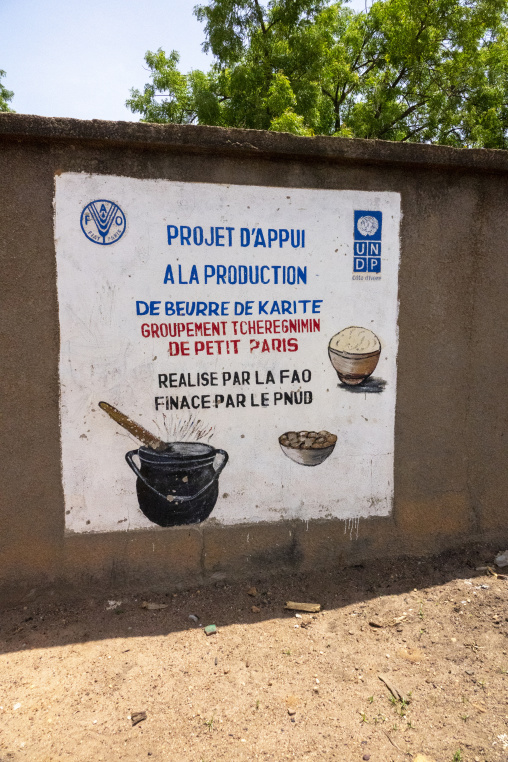 A painted wall mural advertises a FAO and UNDP shea butter production project for the Tcheregnimin cooperative, Savanes district, Tcheregnimin, Ivory Coast