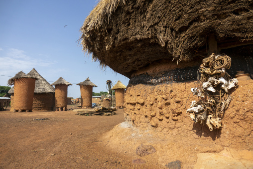Animal skulls hang beside adobe granaries topped with thatched roofs in a village, Savanes district, Niofoin, Ivory Coast