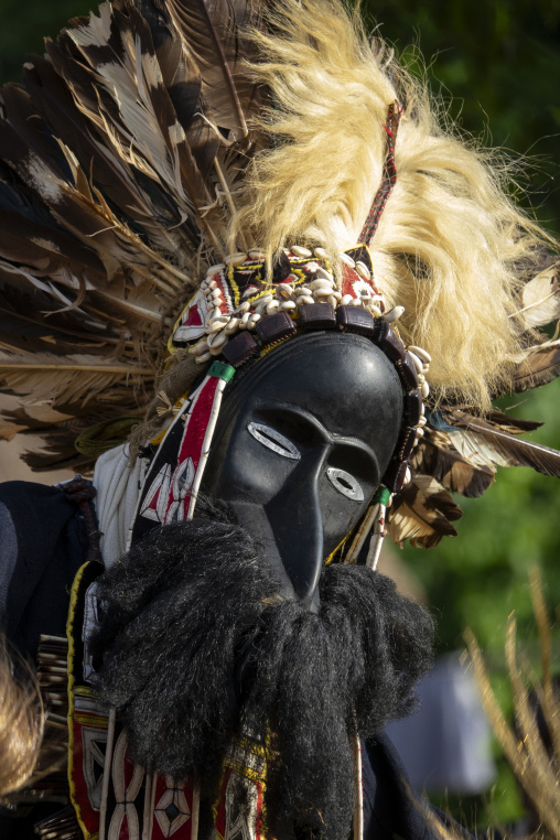 A dancer wears a Dan tribe wooden mask with an elongated nose and blond fur mane during a sacred ceremony dance, Bafing, Gboni, Ivory Coast