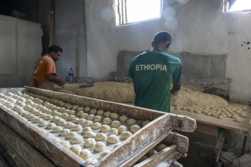 Bakers knead and shape dough by hand inside a traditional bakery, Harari Region, Harar, Ethiopia