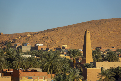 View of the old town with a minaret at the top, North Africa, Ghardaia, Algeria