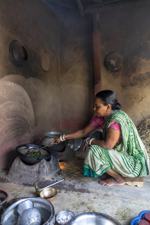 Woman stirring food on a wood-fired clay stove, Rajshahi Divisio