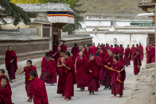 A large group of young monks walk along a covered pathway at Labrang monastery, Gansu Province, Labrang, China