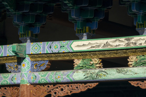 Painted wooden eaves decorate Dong Gong Guan mansion, Gansu Province, Linxia, China