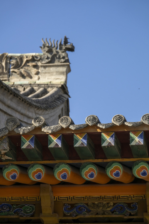 Colorful painted brackets support the roof eaves at Dong Gong Guan mansion, Gansu Province, Linxia, China