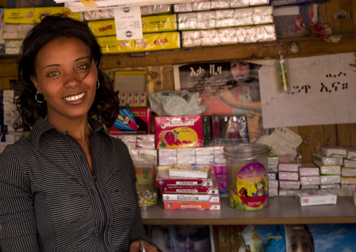 Smiling eritrean woman in a shop, Central Region, Asmara, Eritrea
