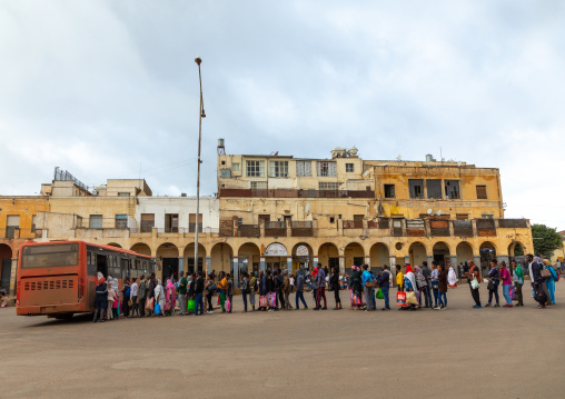 Eritrean people queueing to take the bus, Central region, Asmara, Eritrea