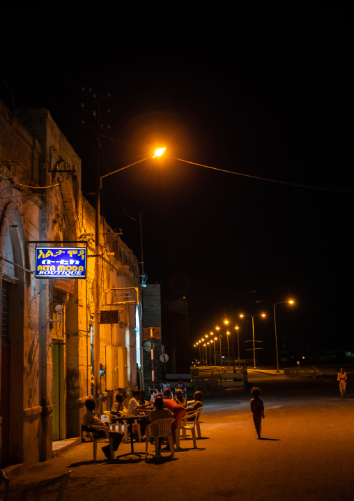 Restaurant at night in the old town, Northern Red Sea, Massawa, Eritrea