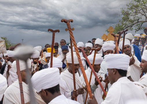 Priests dancing during a celebration in Bilbaia Giorgis, Amhara Region, Lalibela, Ethiopia