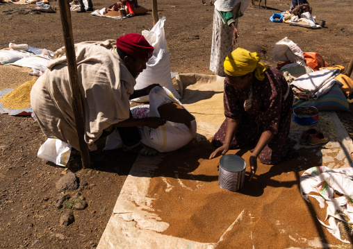 Ethiopian man bying tef in the market, Amhara Region, Lalibela, Ethiopia