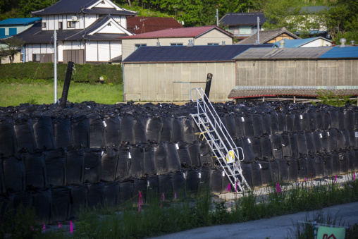 Bags of radioactive waste during radioactive decontamination process after the daiichi nuclear power plant irradiation, Fukushima prefecture, Iitate, Japan