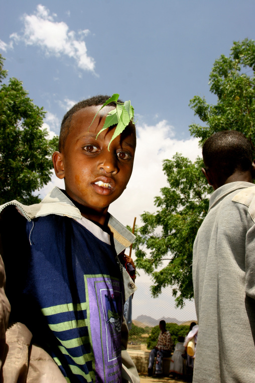 Eritrean boy with leaves on the head at festival of mariam dearit, Anseba, Keren, Eritrea