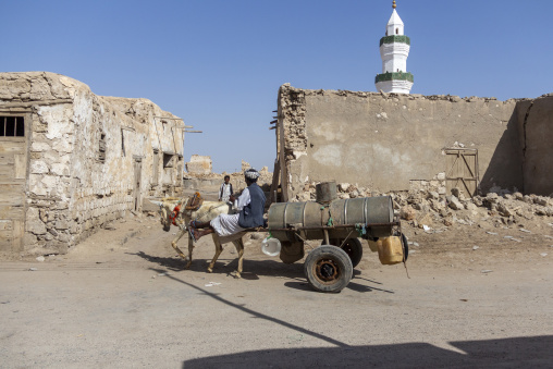 A man rides a donkey cart carrying water barrels through the ruined streets of the old town, Red Sea State, Suakin, Sudan