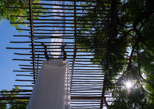 Indian worker drying white sarees, Rajasthan, Jaipur, India