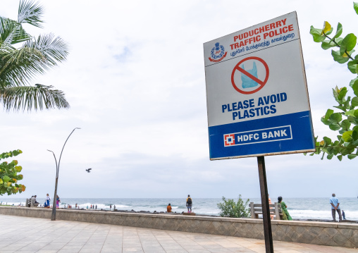 Avoid plastics sign on the beach, Pondicherry, Puducherry, India