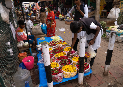Indian people in the flower market, Tamil Nadu, Madurai, India