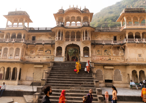 Indian pilgrims in Galtaji temple aka monkey temple, Rajasthan, Jaipur, India