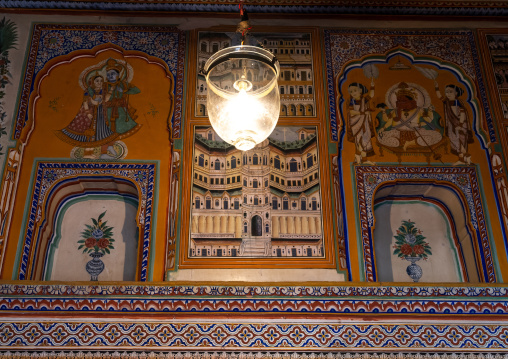 Old mural in a haveli with a lamp, Rajasthan, Nawalgarh, India