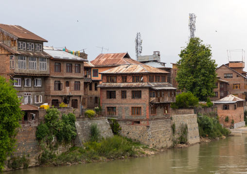 Kashmiri heritage buildings along Jhelum River, Jammu and Kashmir, Srinagar, India