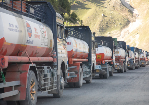 Oil Trucks traffic jam on a pass through the mountain, Jammu and Kashmir, Sonamarg, India