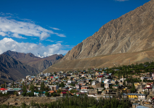 View of the town at the foot of the mountain, Ladakh, Kargil, India