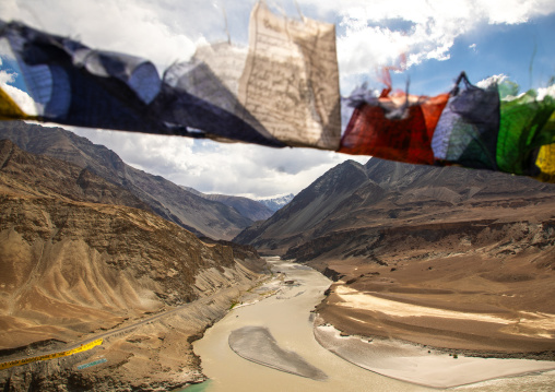 Aerial view of the confluence of the Indus and Zanskar rivers, Ladakh, Leh, India