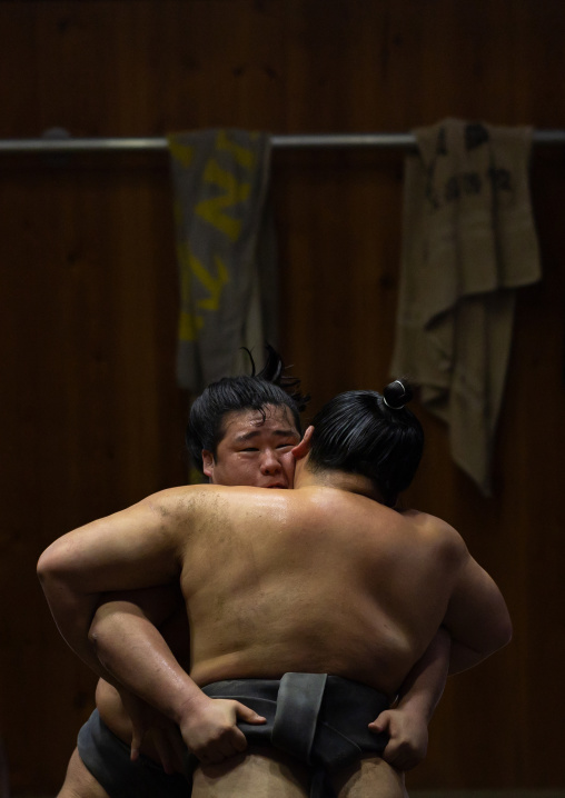 Sumo wrestlers fighting in Tatsunami Beya sumo stable, Kanto region, Tokyo, Japan