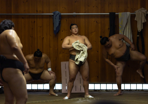Sumo wrestlers training in Tatsunami Beya sumo stable, Kanto region, Tokyo, Japan