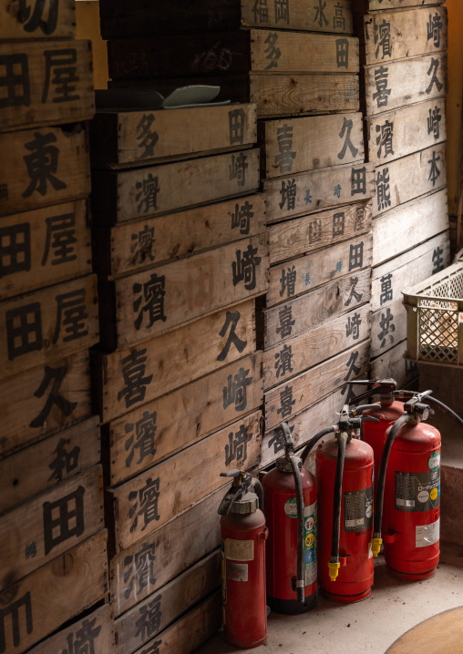 Fire extinguishers in Kouraku Kiln porcelain factory, Kyushu region, Arita, Japan
