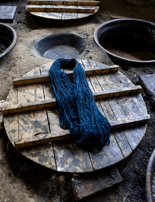 Kurume Kasuri indigo dyeing process in Aika Tanaka Kasuri Kobo workshop, Kyushu region, Chikugo, Japan