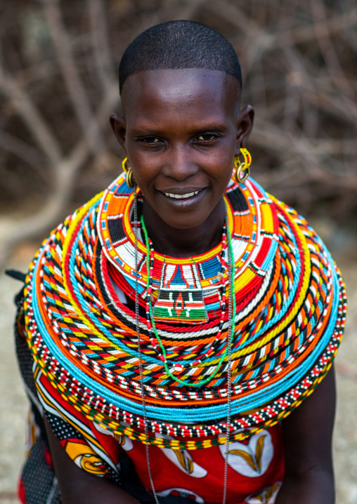 Portrait of a Samburu woman with a huge necklace, Samburu County, Samburu National Reserve, Kenya
