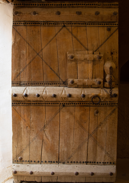 Old wooden door in Musmak fort, Riyadh Province, Riyadh, Saudi Arabia