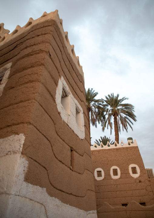 Traditional mud house with palm trees, Najran province, Najran, Saudi Arabia