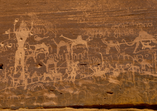 Petroglyphs on a rock depicting Aliya the goddess of fertility, Najran Province, Thar, Saudi Arabia
