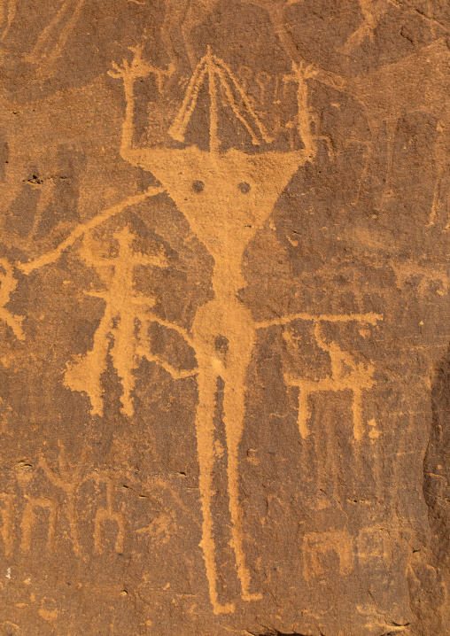 Petroglyphs on a rock depicting Aliya the goddess of fertility, Najran Province, Thar, Saudi Arabia
