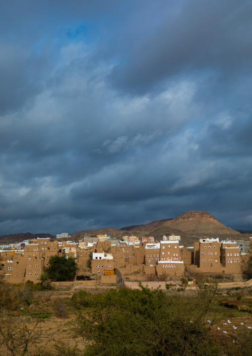 Old village with traditional mud houses and gardens, Asir province, Dhahran Al Janub, Saudi Arabia