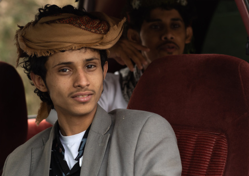 Portrait of a young man driving a car, Asir province, Sarat Abidah, Saudi Arabia