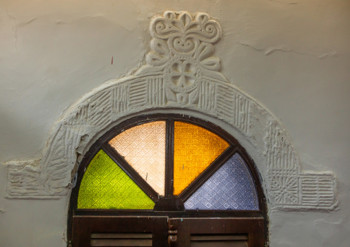 Al Nadji mosque stained window decoration, Jazan Province, Farasan, Saudi Arabia