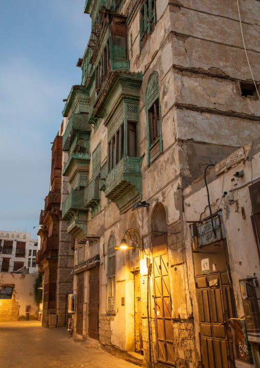 Old house with wooden mashrabiya in al-Balad quarter, Mecca province, Jeddah, Saudi Arabia