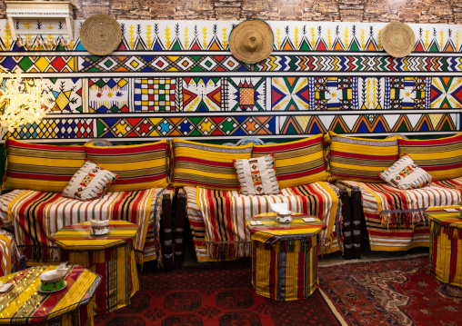 Coffee shop with a decoration from Asir, Mecca province, Jeddah, Saudi Arabia