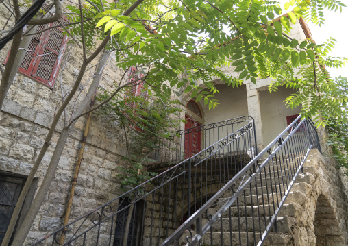 Old traditional lebanese house with stairs in a village, Mount Lebanon Governorate, Sawfar, Lebanon