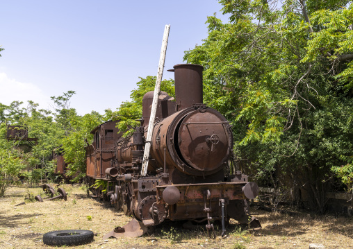 Old locomotive from Beirut–Damascus line covered by plants, Beqaa Governorate, Rayak, Lebanon