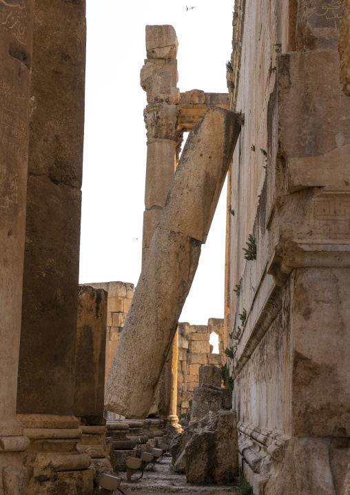 A column stands on the wall of the Jupiter temple after an earthquake, Baalbek-Hermel Governorate, Baalbek, Lebanon