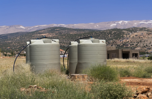 Water tanks in a field, Baalbek-Hermel Governorate, Baalbek, Lebanon