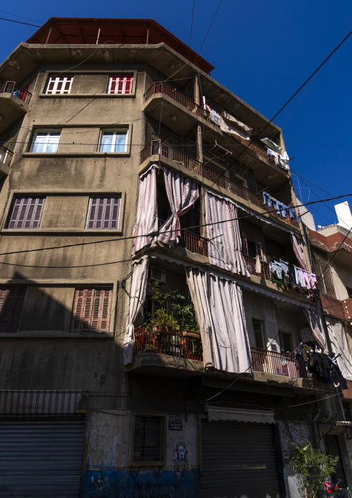 Old heritage building with curtains in the city, Beirut Governorate, Beirut, Lebanon