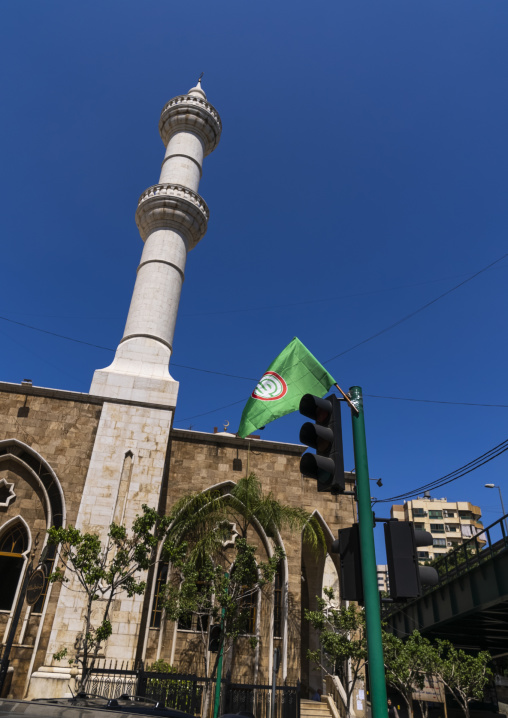 Amal Movement party flag near a mosque in Basta quarter, Beirut Governorate, Beirut, Lebanon